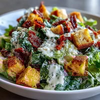 Crisp celery and romaine salad with crunchy homemade croutons and shaved Parmesan in creamy Caesar dressing.