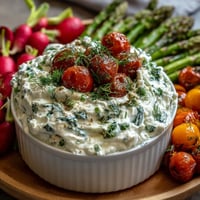 Fresh spring platter with radishes, peas, and herb dip, perfect for a colorful appetizer spread.