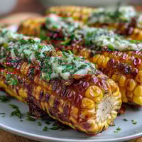 A close-up of juicy microwave corn on the cob slathered with fragrant garlic butter, garnished with fresh parsley.