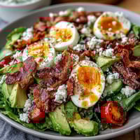 Vibrant Spring Cobb Salad with strawberries, avocado, feta, and hard-boiled eggs on a bed of fresh greens. A colorful, nutrient-packed meal perfect for warm weather.