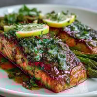 Pan-seared salmon with asparagus in a rich garlic butter sauce, topped with fresh thyme and lemon slices for a bright, savory dinner.