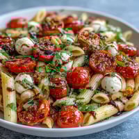 Caprese-style summer pasta salad with cherry tomatoes, fresh mozzarella, and fragrant basil, perfect for warm-weather meals.