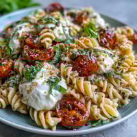Creamy Caprese pasta with burrata and cherry tomatoes in a skillet, garnished with fresh basil and Parmesan.