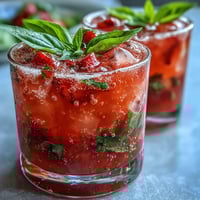 Vibrant strawberry basil mocktail with fresh fruit, fragrant herbs, and sparkling water in a tall glass.