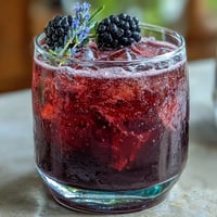 Vibrant Blackberry Lavender Lemonade Fizz with fresh berries and lemon slices.