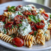 Creamy Summer Caprese Pasta with Burrata, bursting with fresh basil and tomatoes.